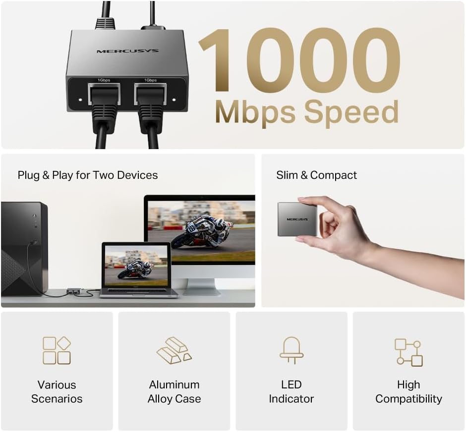 Thumbnail 1 de MERCUSYS MEH25 Ethernet Splitter: 1 to 2 Gigabit Network Splitter