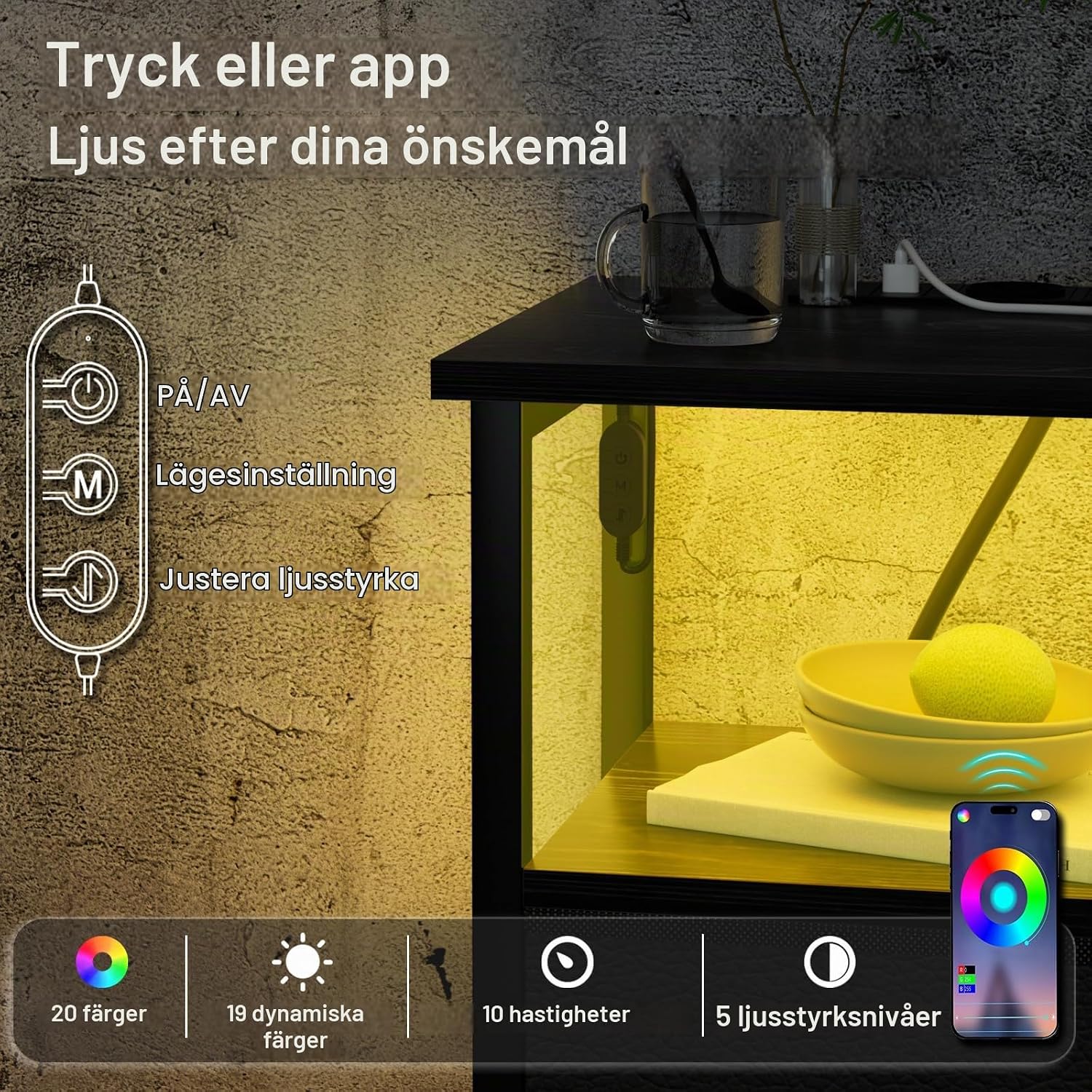 Thumbnail 6 de AMHANCIBLE HETS02BK-1 sängbord med RGB LED, laddstation och två tyglådor