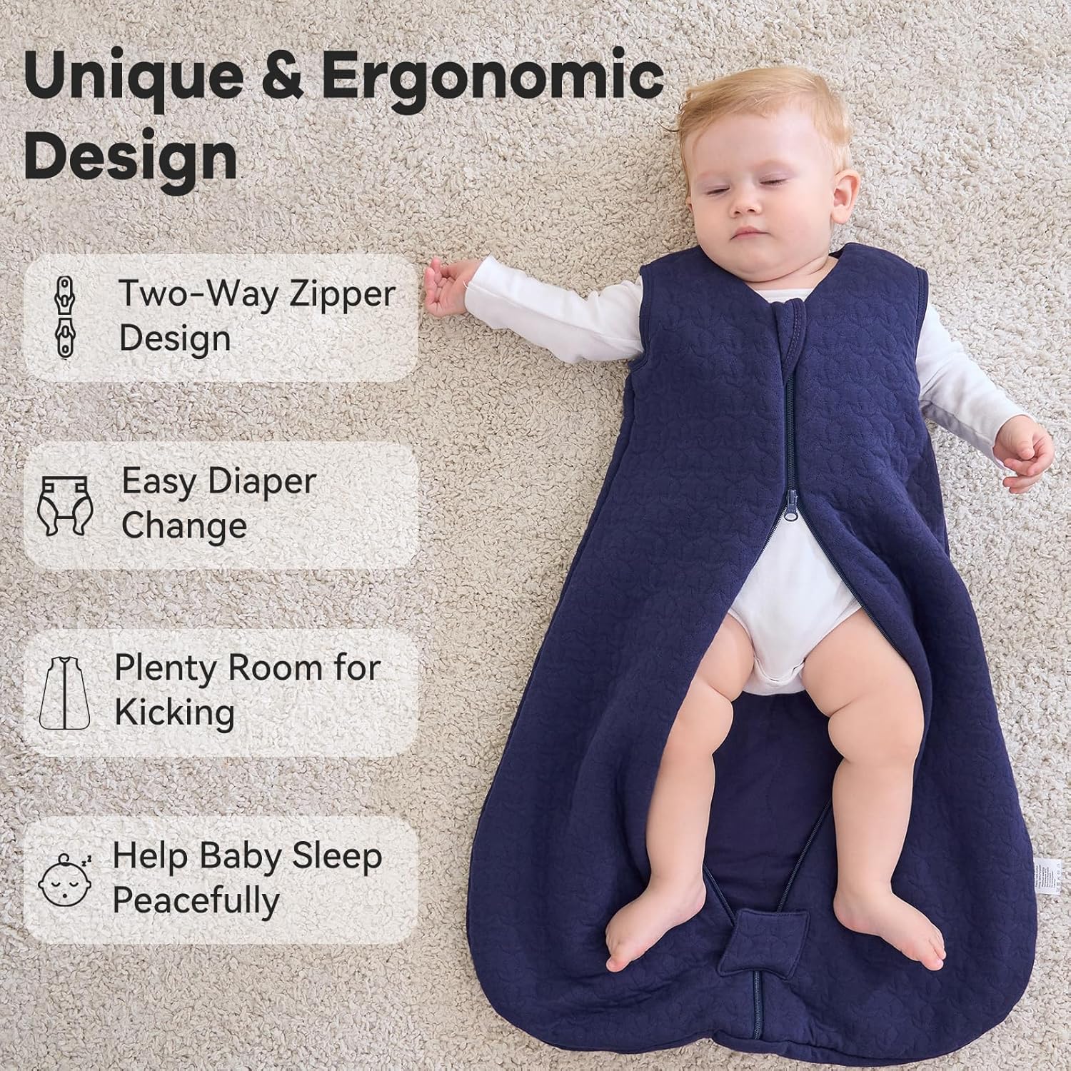 Thumbnail 3 de Unnivoll Schlafsack Baby Winter 2,5 Tog – Baumwolle, 84 cm, Marine Blau