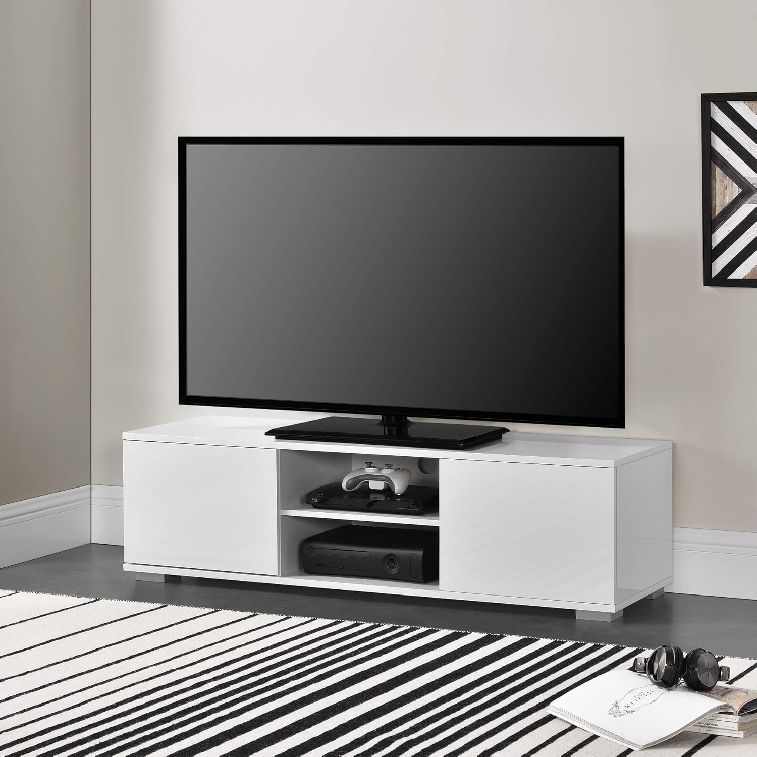Detalle 2 de Mobile TV a 2 ante con scomparti chiusi e aperti, tavolino basso, porta TV e foro passacavi in Bianco Lucido – en.casa