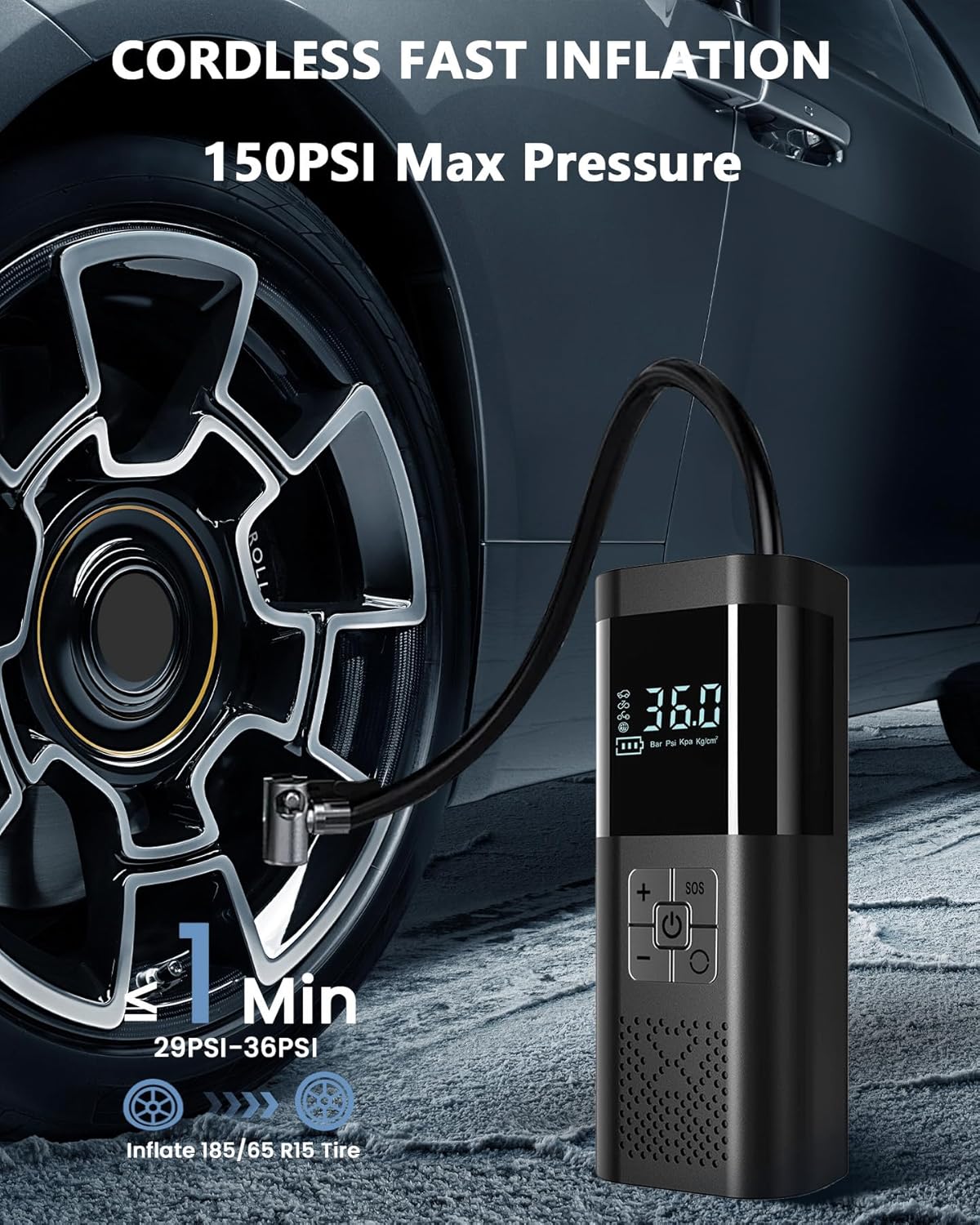 Detalle de SERVOMASTER Elektrische Luftpumpe Akku-Kompressor bis 150 PSI mit Auto-Stopp, Digital-Display & LED-Licht