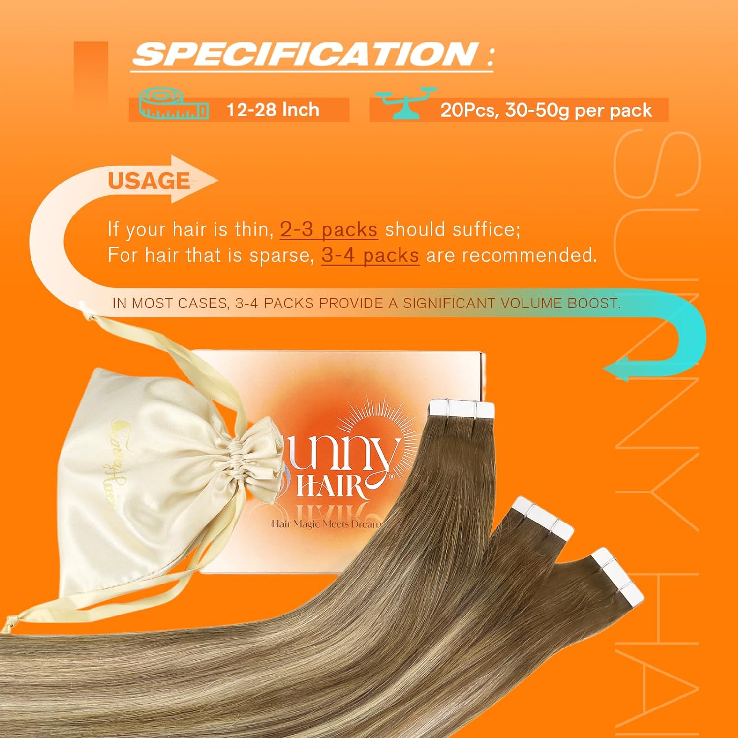 Thumbnail 4 de Sunny Hair Tape-In Hair Extensions (20 inch) — Remy Human Hair Brown Balayage Blonde, 50g, 20 Pieces