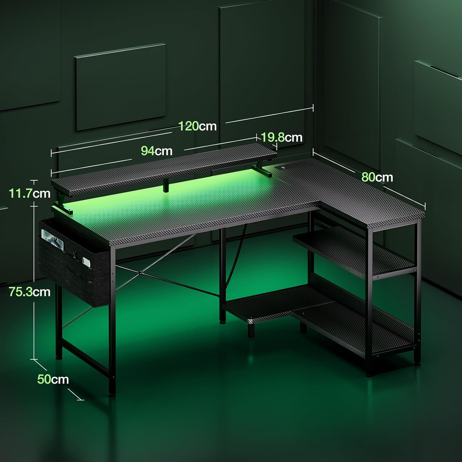 Thumbnail 2 de Coleshome L Shaped Gaming Desk with LED Lights (120 × 80 cm) – Carbon Fibre Black