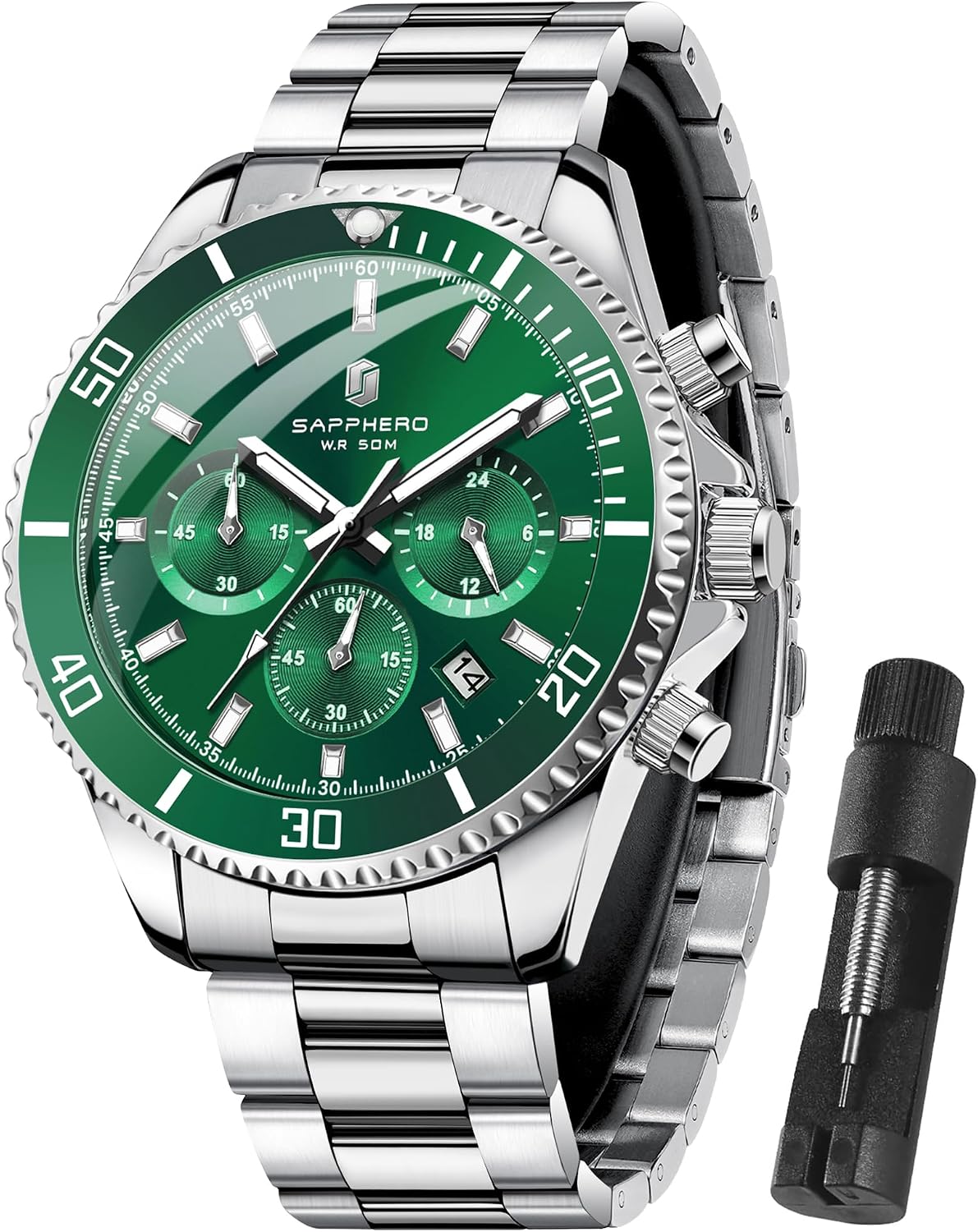 Detalle de SAPPHERO Herrenuhr Chronograph Analog Quarz 50M – Edelstahl, 42 mm Zifferblatt, Kalender, Geschenkidee