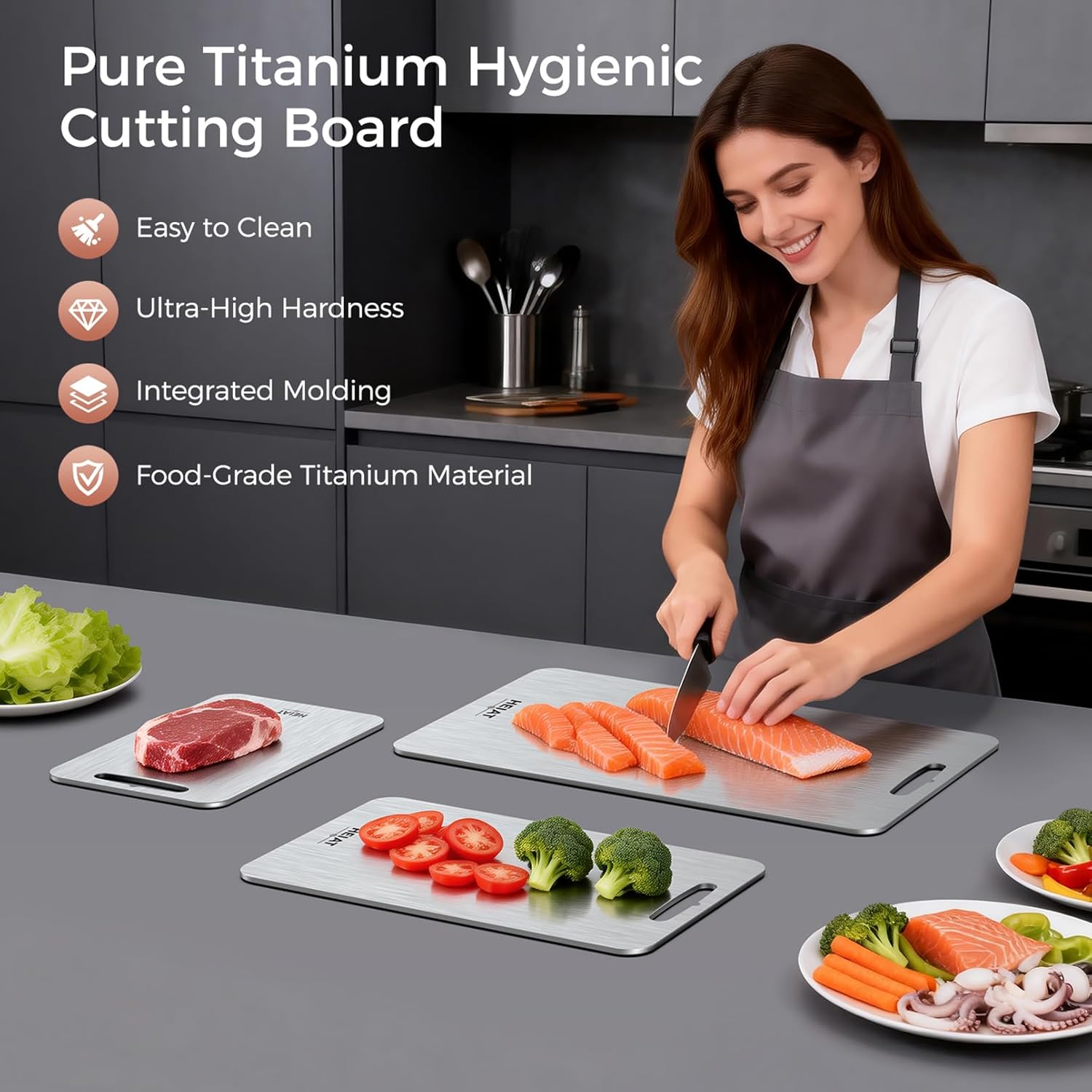 Thumbnail 1 de HEIAT Titanium Cutting Board Set of 3 (100% Pure Titanium) — Double-Sided Boards, Handles Included
