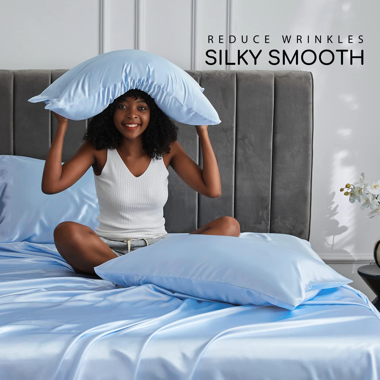 Detalle de MR&HM Satin Bed Sheets Full Size 4-Piece Set with 15-Inch Deep Pocket (Light Blue)