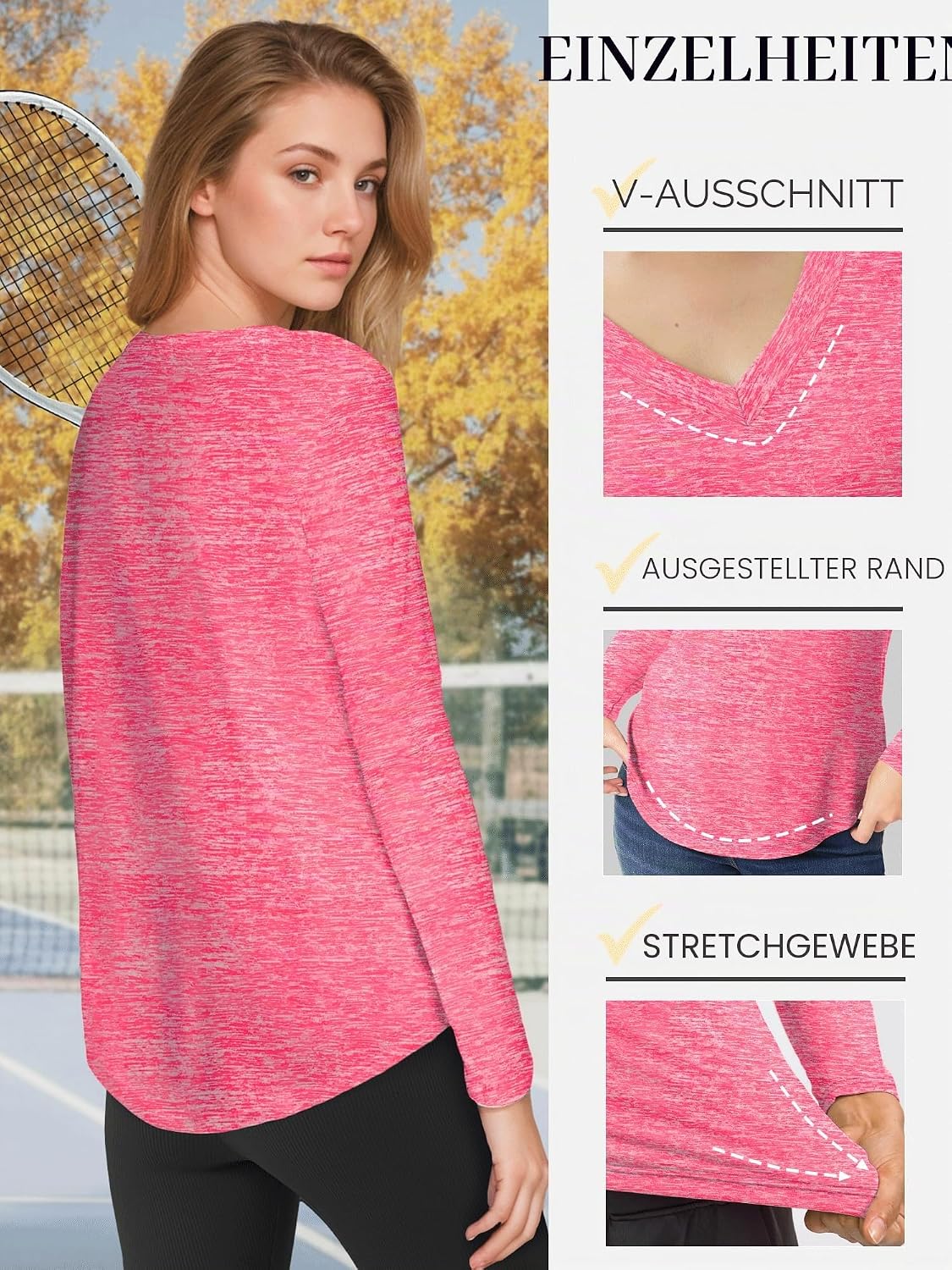 Detalle de Sportshirt Damen Kurzarm V-Ausschnitt UPF 50+ – atmungsaktives Funktionsshirt für Training und Alltag