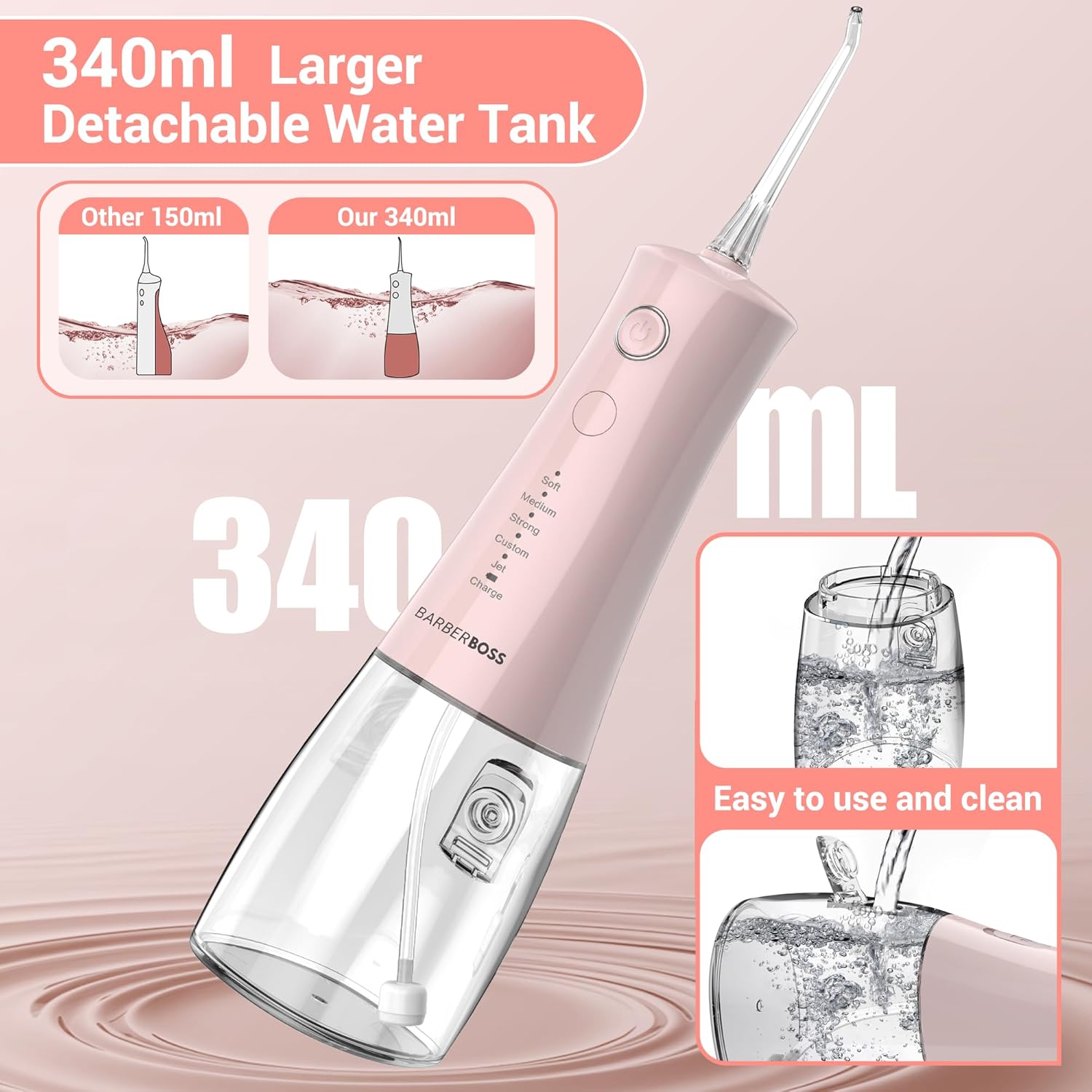 Detalle de BarberBoss Idropulsore Dentale: irrigatore orale wireless con 5 modalità e serbatoio da 340 ml – Rosa Pastello