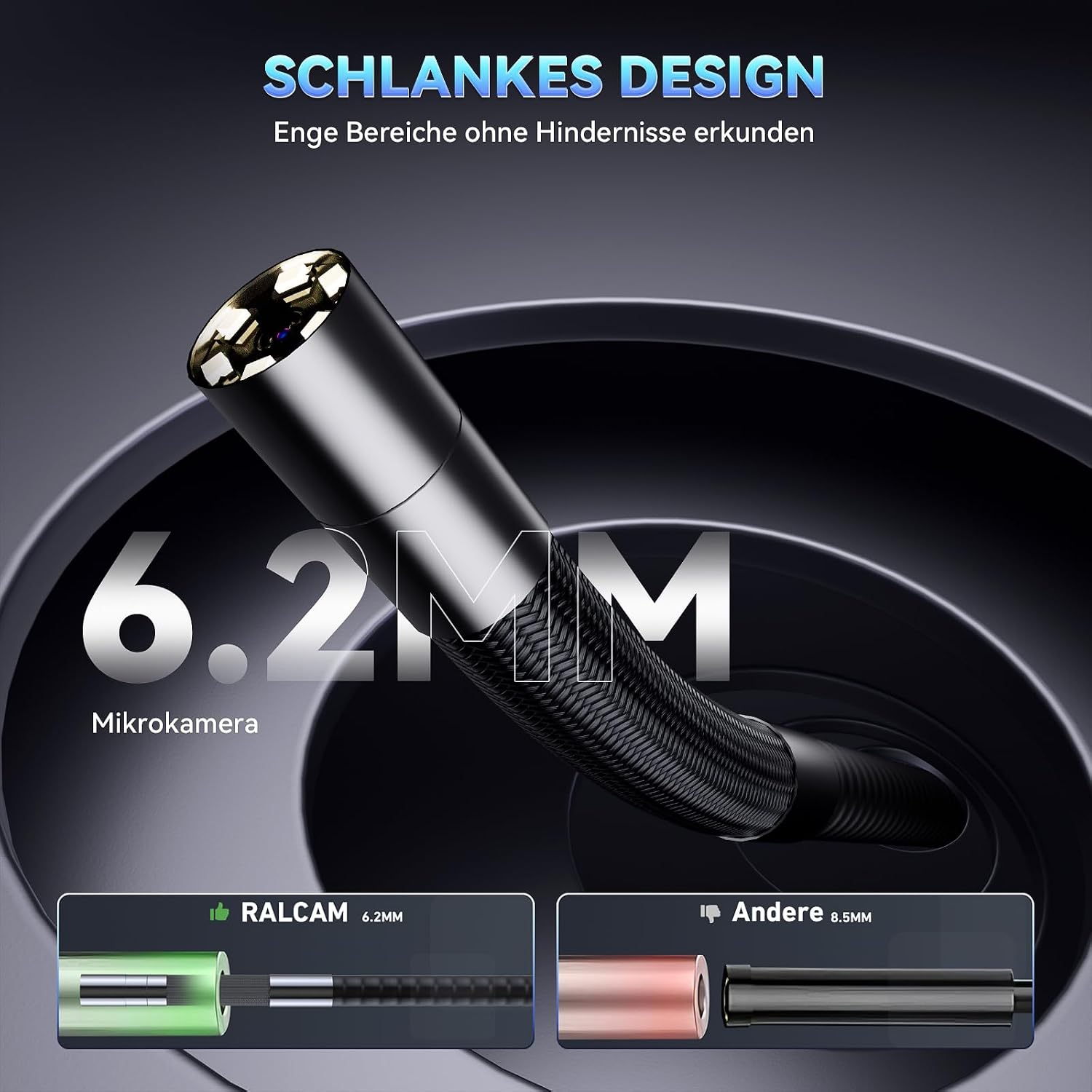 Detalle de Ralcam M606X-S1M endoskopkamera med 360°-sond, 5-tumsskärm och IP67