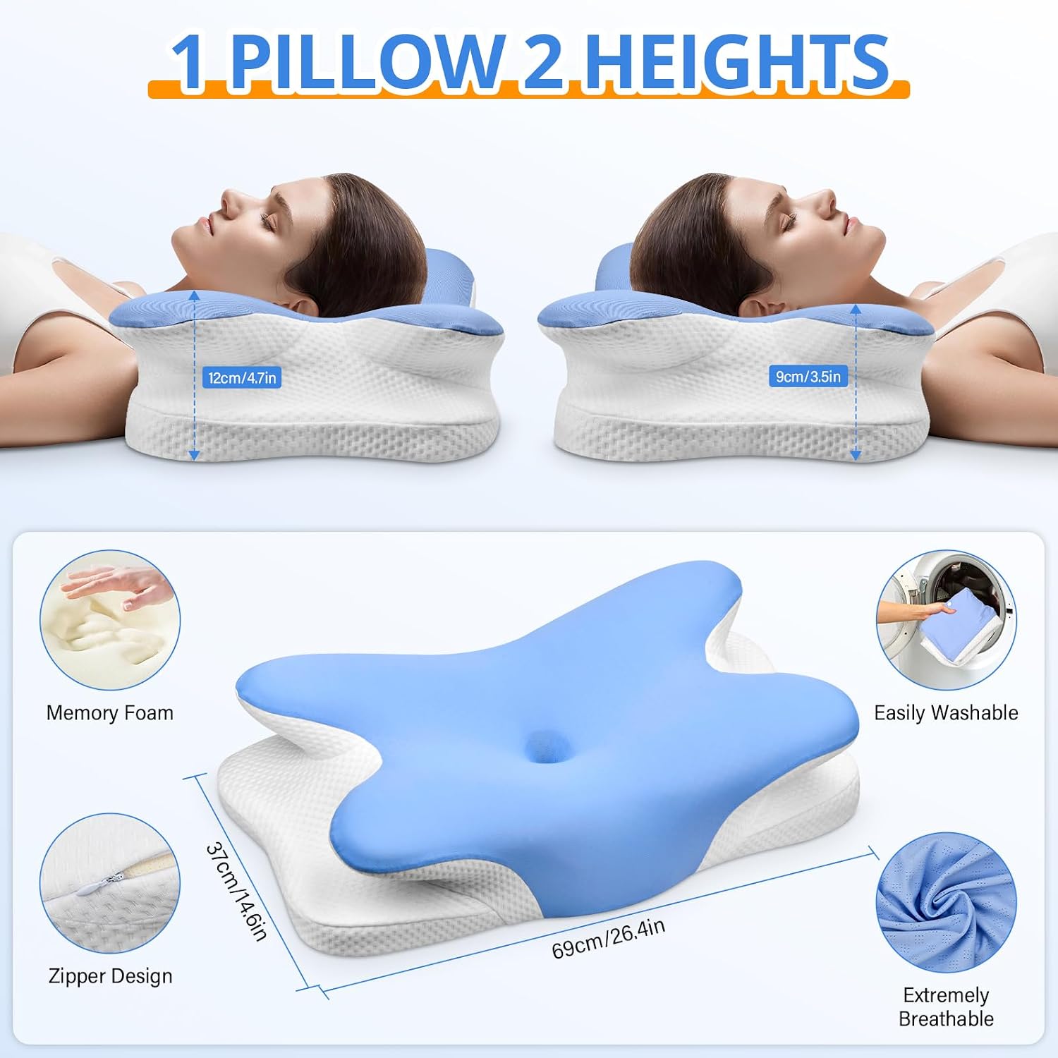 Detalle de Oreiller ergonomique cervical Ehomfory 2 en 1 en mousse à mémoire de forme (bleu)