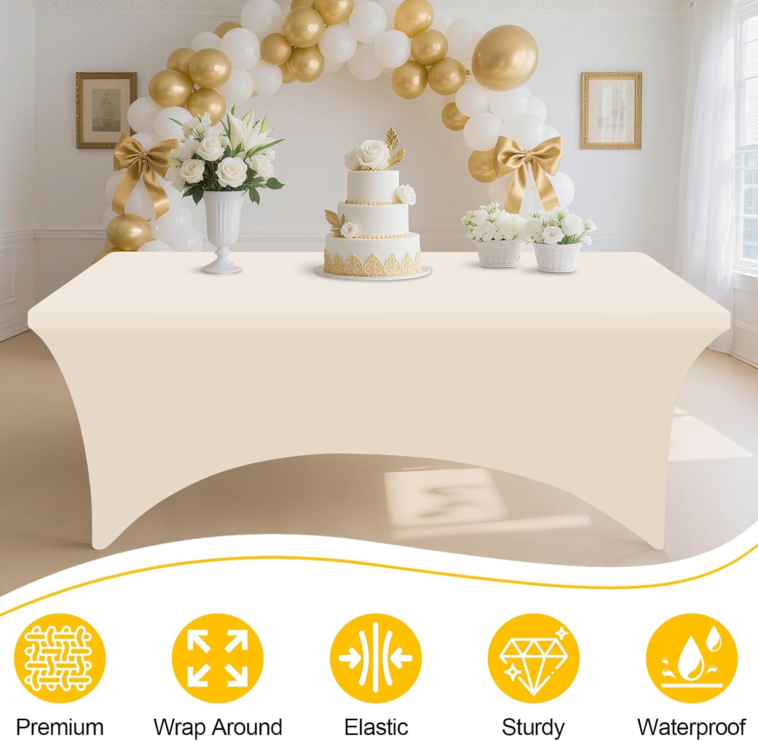 Thumbnail 2 de Smiry 2 Pack Spandex Table Cloth 6FT — Elastic Fitted, Wrinkle-Free, Beige (72L x 30W x 30H Inch)