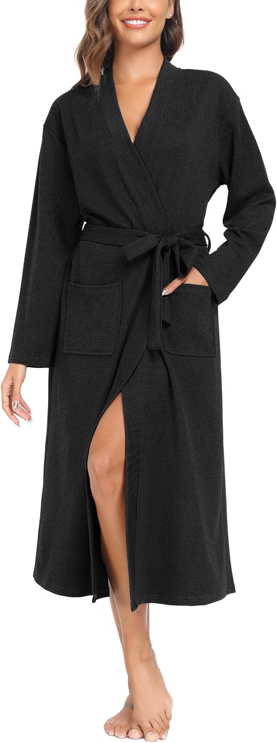 Sopesil Peignoir en coton pour femme (kimono de nuit) à col V et longues manches, avec poches