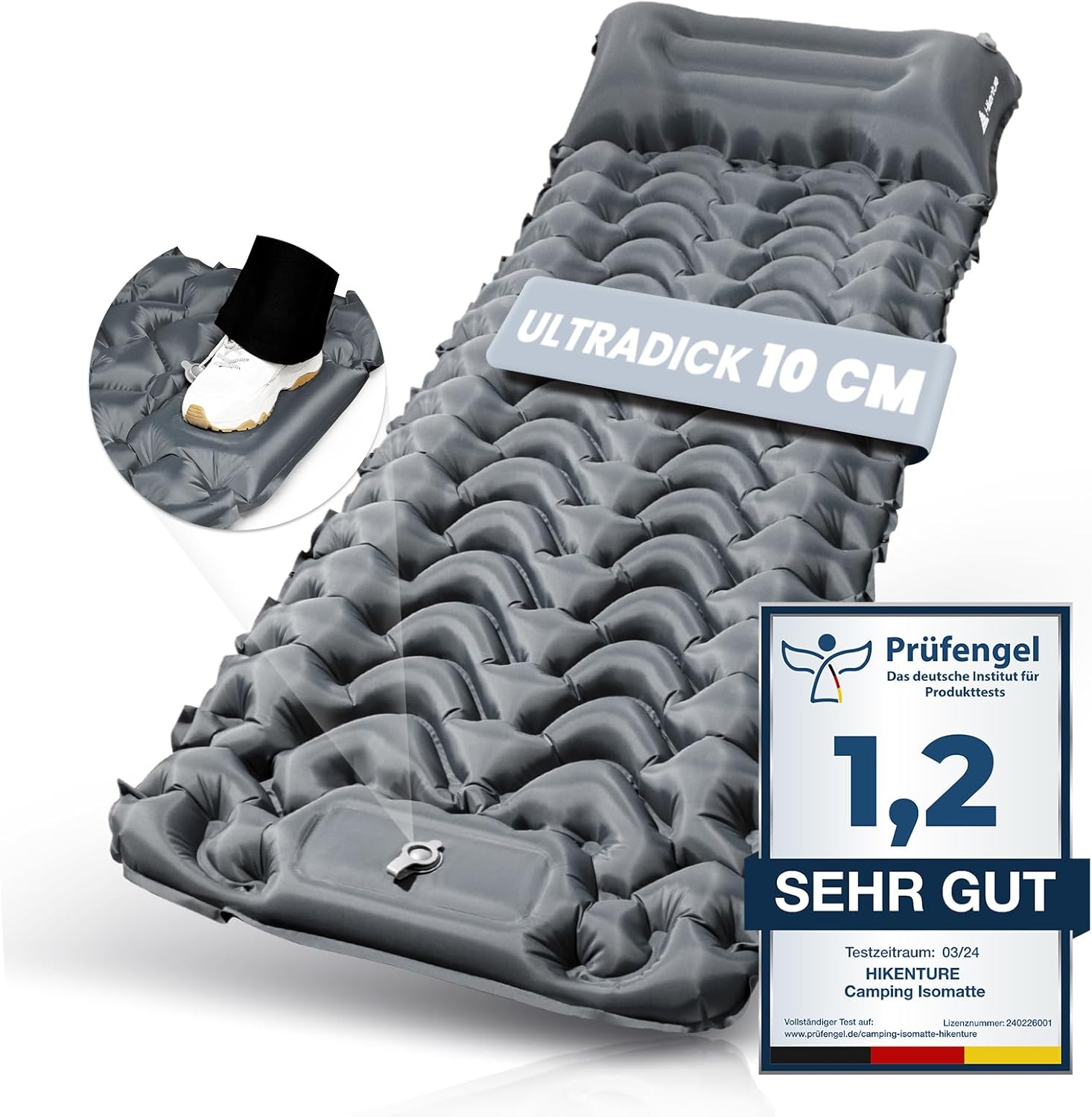 Detalle de HIKENTURE Isomatte Camping – 10 cm Höhe, kompakt aufgeblasen mit Fußpumpe, 198 × 70 cm