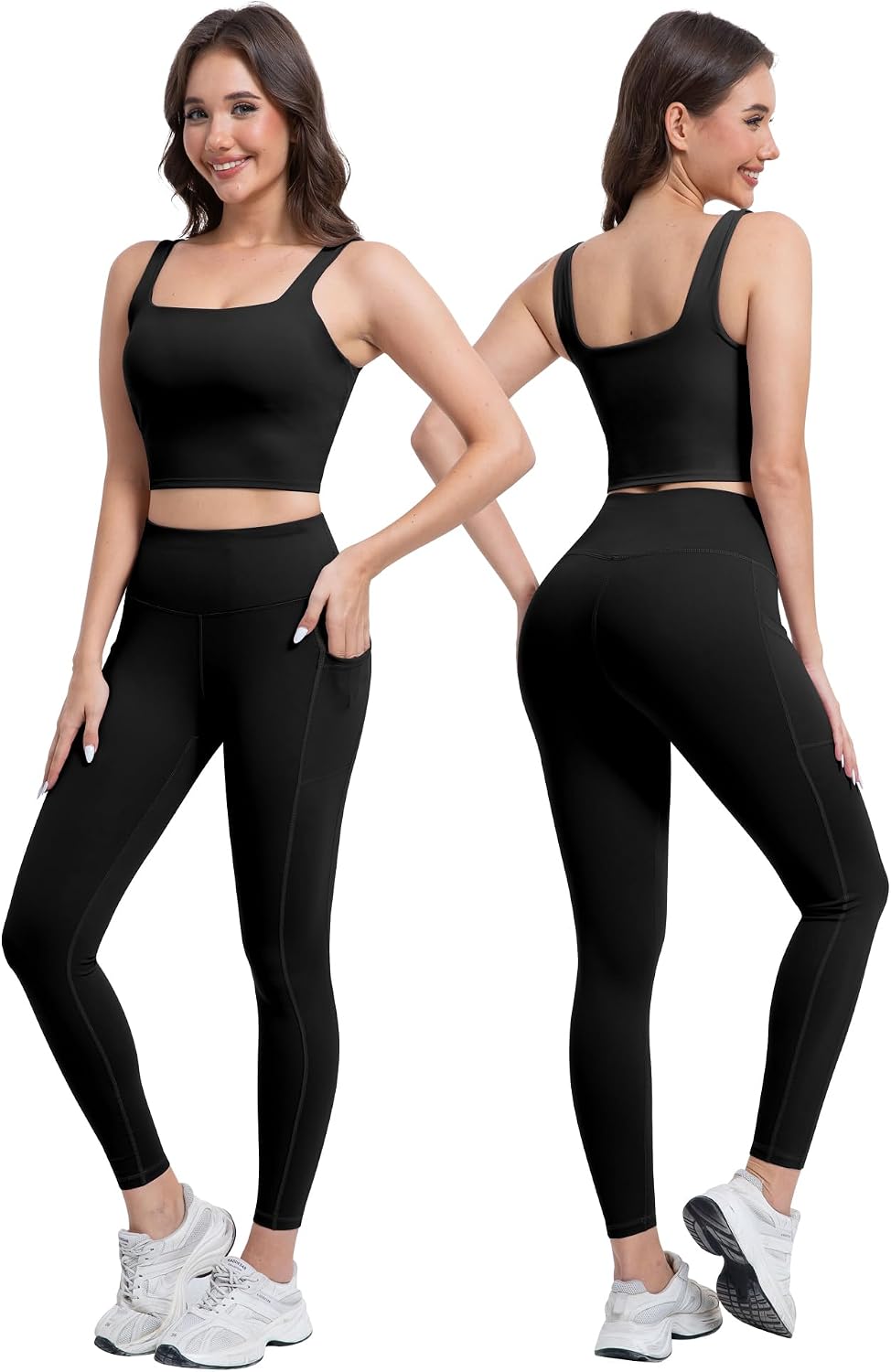 Detalle de SALSPOR 3-Piece Workout Set for Women: High-Waisted Leggings with Pockets, Tummy Control Shorts, and Backless Sports Bra