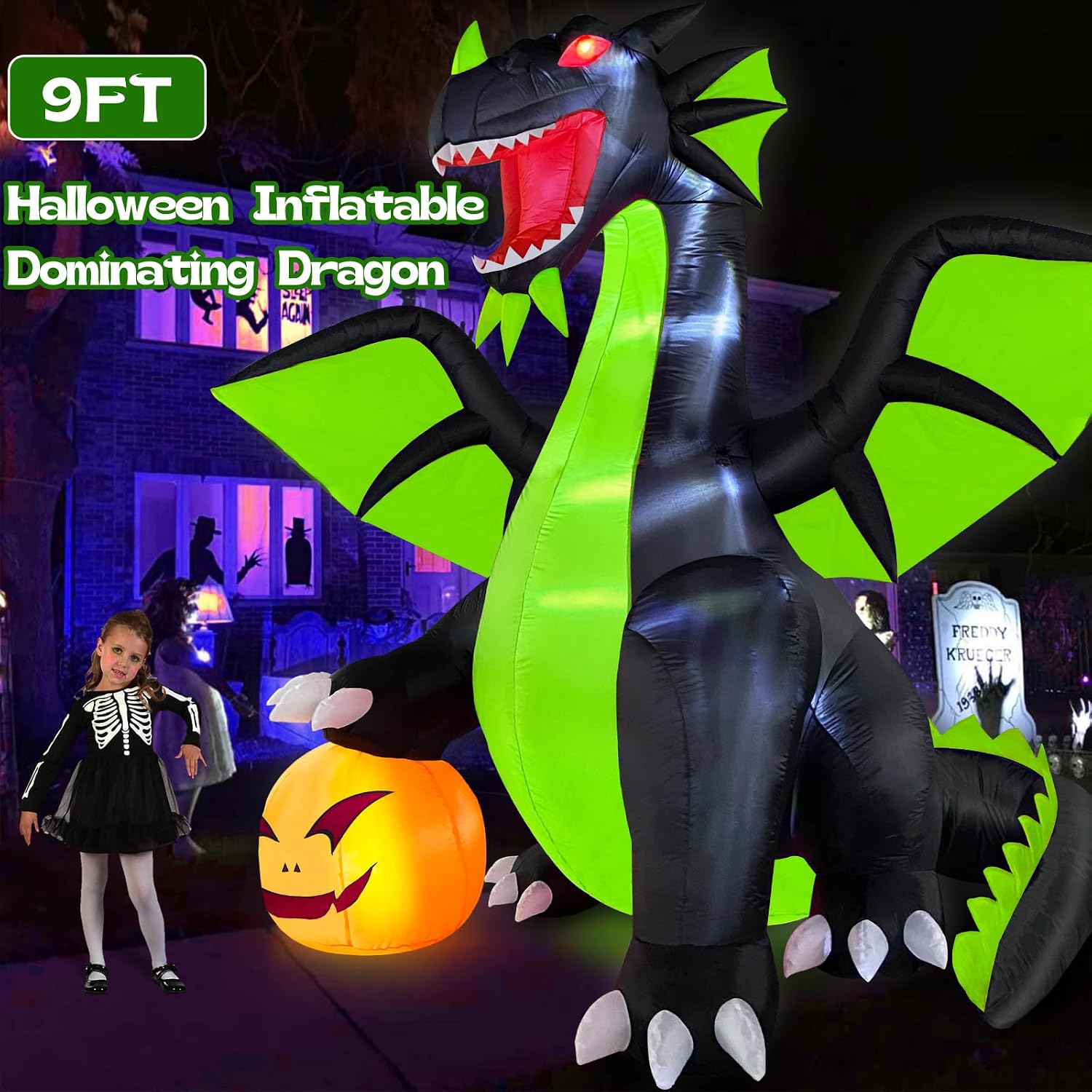Detalle de Danxilu 9FT Halloween Inflatable Dragon and Pumpkin with Built-In LED Lights