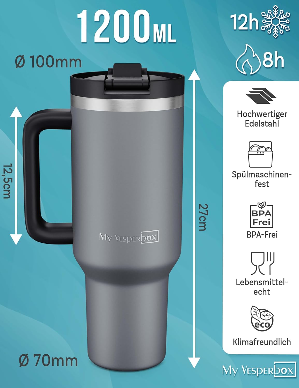 Thumbnail 1 de My Vesperbox Kinny Cup – Edelstahl Thermobecher mit Henkel & Strohhalm (500/950/1200 ml)