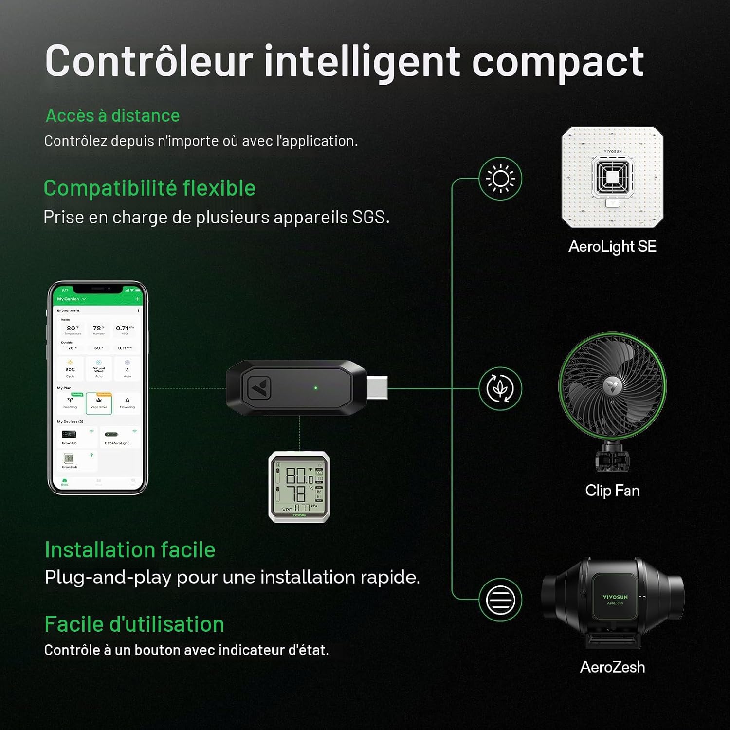 Detalle de VIVOSUN Système de culture intelligent avec AeroLight A150SE (150 W) et GrowHub E25 – LED horticole avec ventilateur intégré