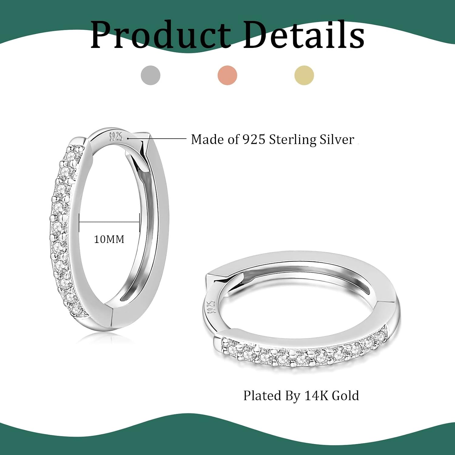 Detalle de HUABOLA CALYN 3 Paar Creolen aus 925 Sterling Silber mit Zirkonia – hypoallergenes Set für Damen, Herren & Jugendliche