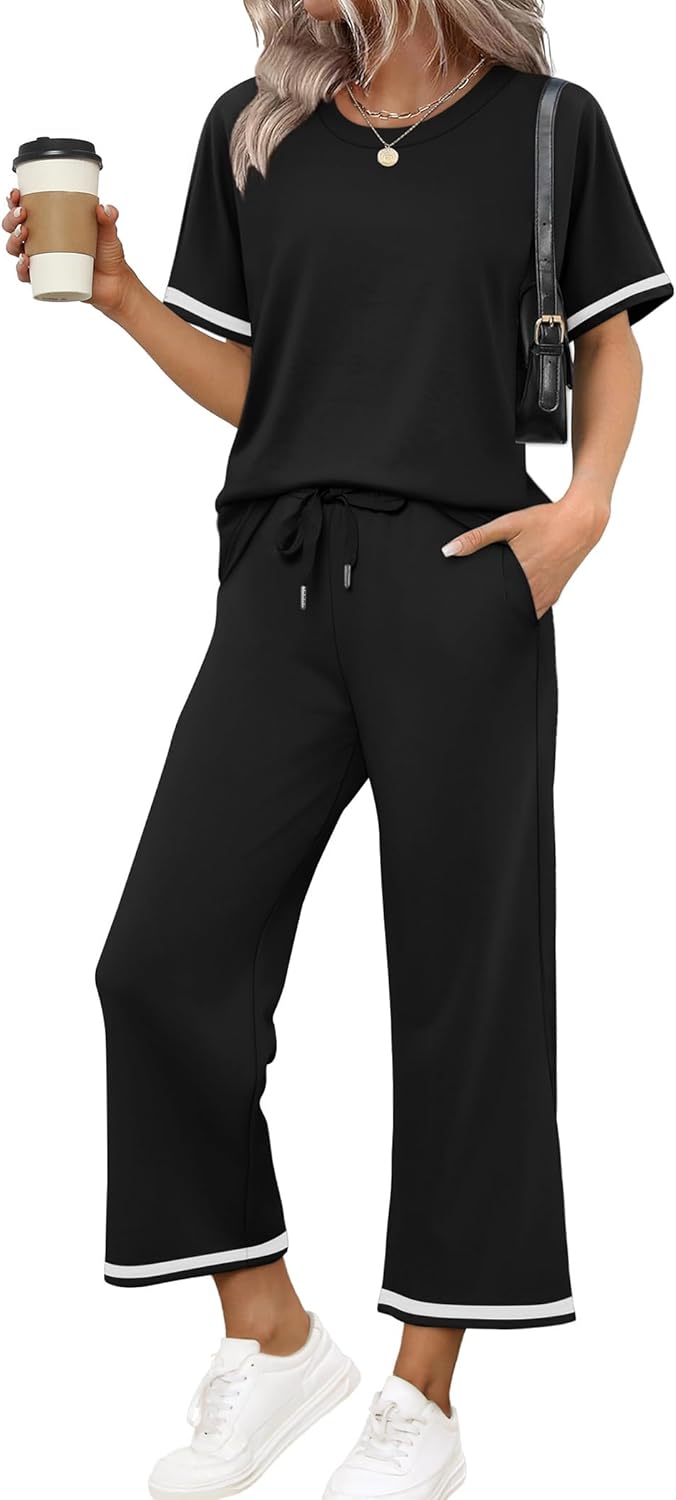 Detalle de Sampeel 2 Piece Sets for Women: Casual Summer Lounge Set with Short Sleeve Top and Wide-Leg Pants