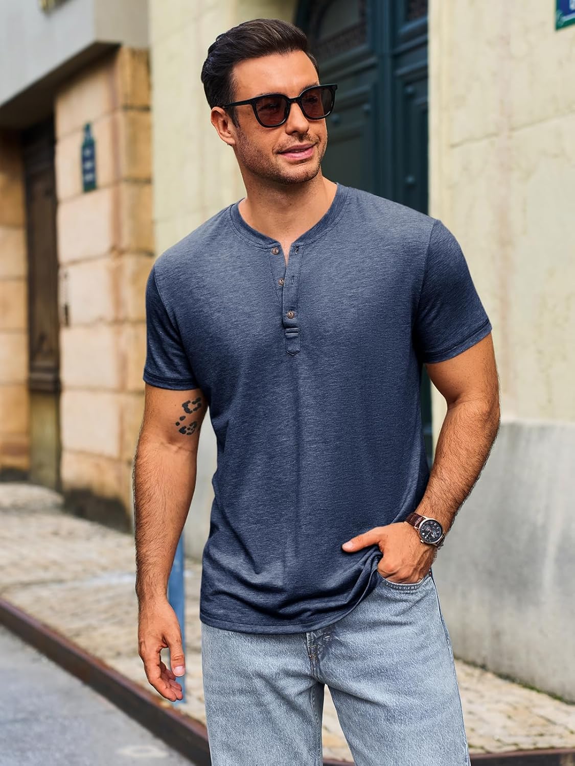 Thumbnail 2 de Runcati Herren Henley-T-Shirt Kurzarm mit Knopfleiste – Regular Fit, einfarbig