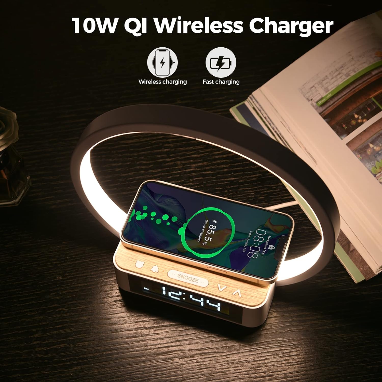 Detalle de blonbar LED Nachttischlampe mit Ladefunktion (10 W Wireless Charger) – Touch-Dimmung & Wake-up-Light Wecker