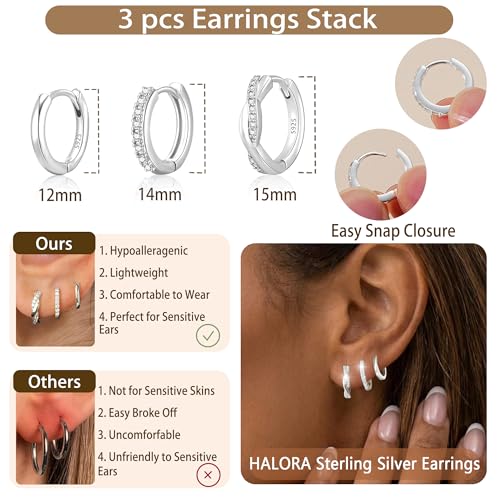 Thumbnail 5 de Halora Silver Earrings for Women: 3-Pair Sterling Silver Hoop Set with Hypoallergenic CZ Hoops