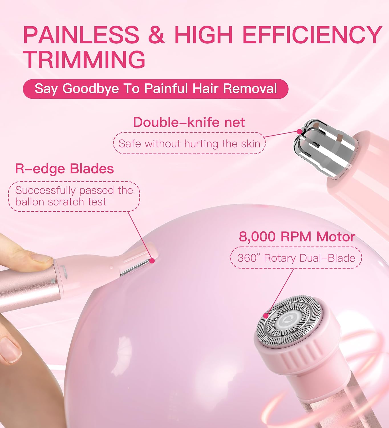 Detalle 2 de HEBECA FT2004 3-in-1 Facial Hair Trimmer, Waterproof, Rose Pink