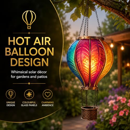Detalle de Festive Lights 45cm Solar Hot Air Balloon Lantern – Rainbow Stain Outdoor Hanging LED Garden Light
