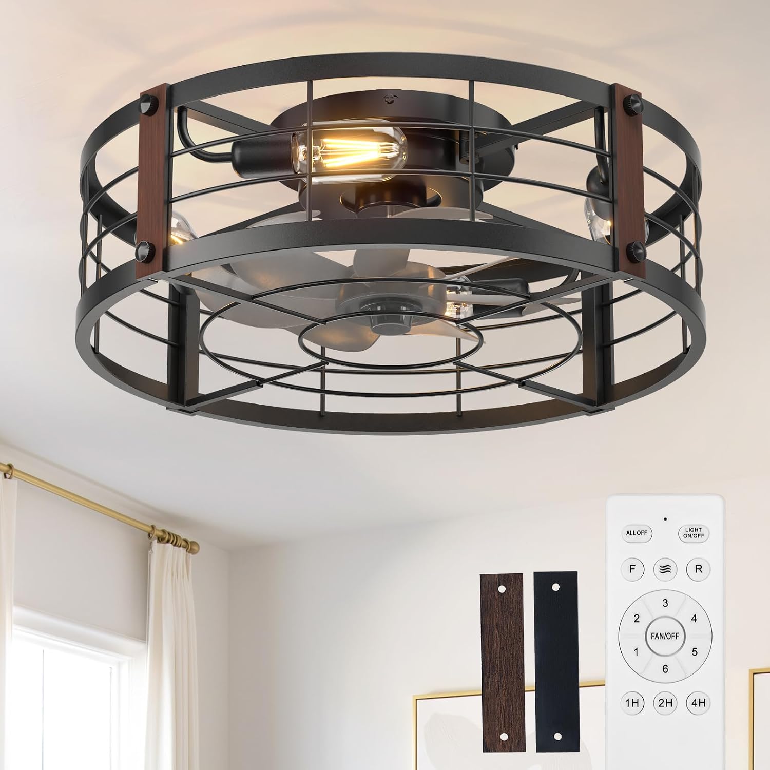 Detalle de addlon NFM0201031 20-Inch Farmhouse Ceiling Fan with Light, Remote and Black Cage