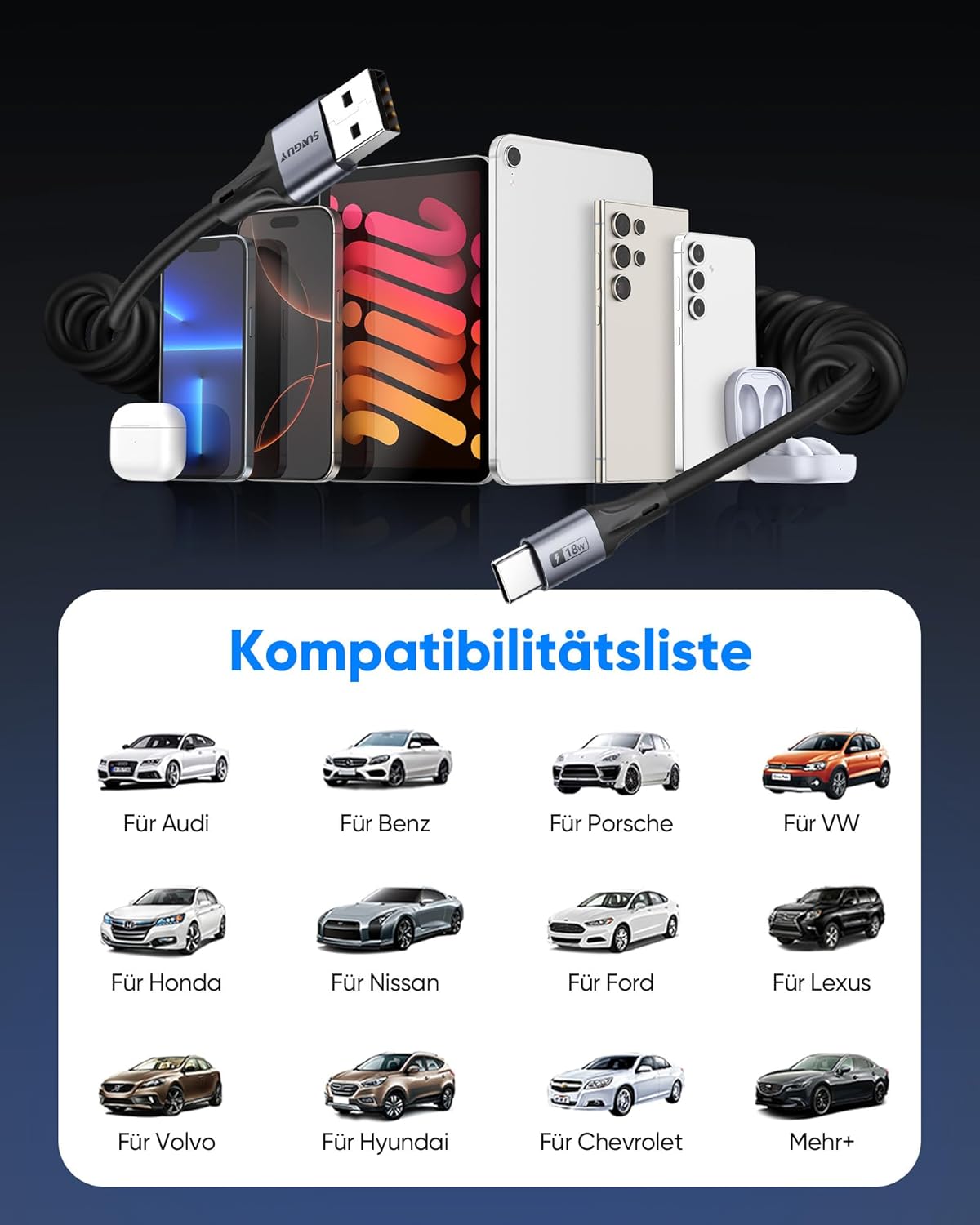 Thumbnail 5 de SUNGUY USB-C Spiralkabel (1,8 m, dehnbar 0,5–1,2 m) für Android Auto & CarPlay