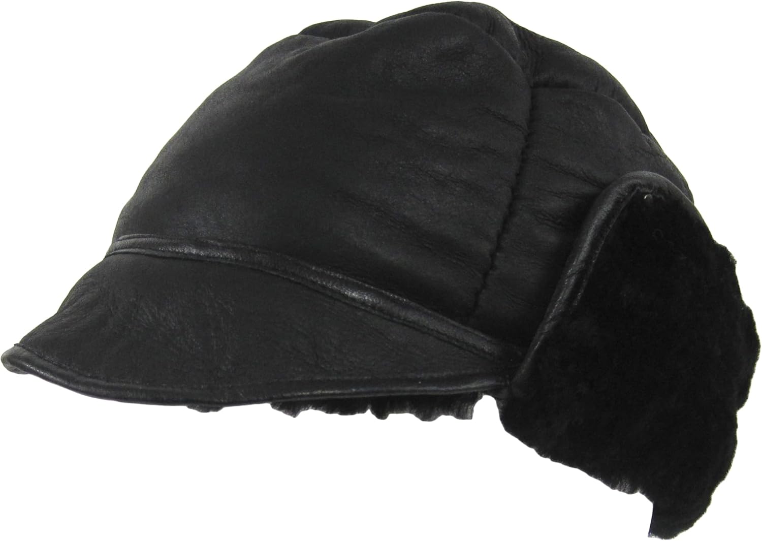 Detalle de SNUGRUGS Mens Black Real Sheepskin Stud Trapper Hat – Leather Bound with Single Top Panel