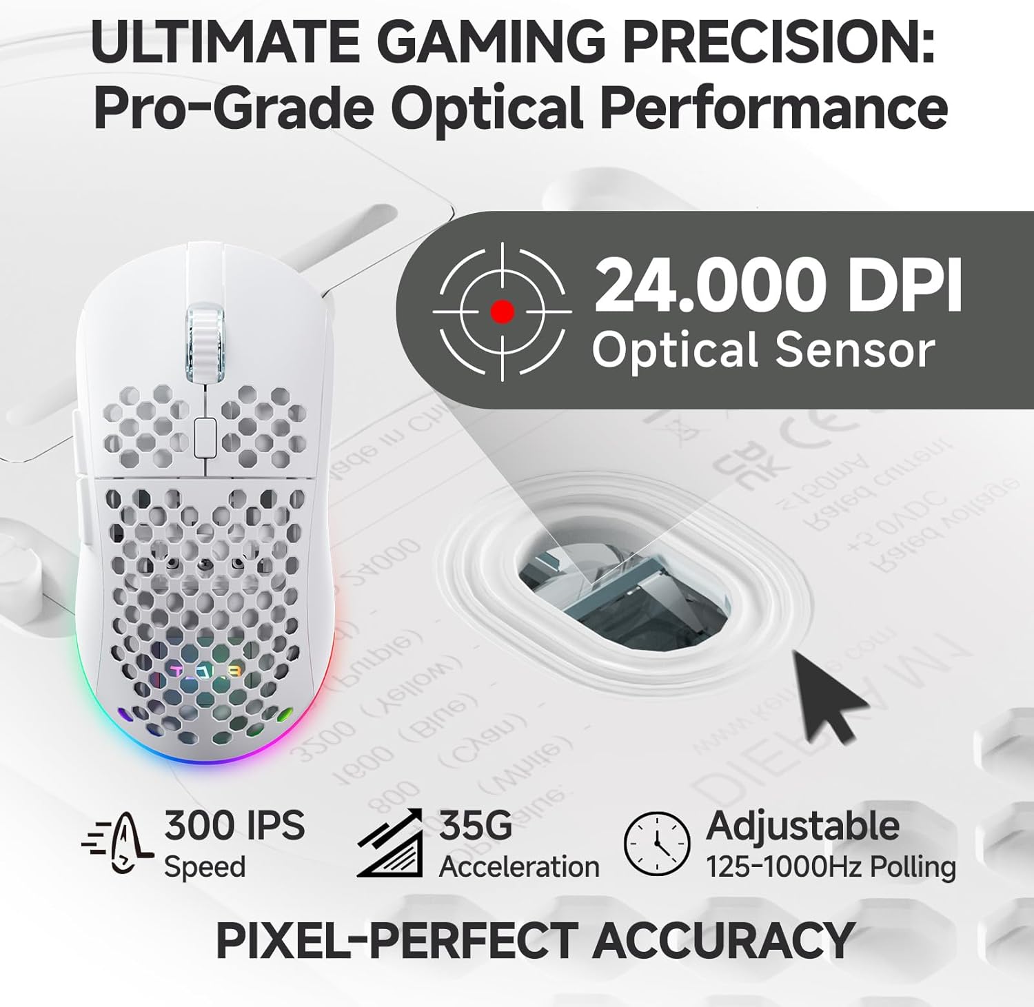 Thumbnail 2 de TMKB Wireless Gaming Mouse (24000DPI Optical Sensor, 6 Programmable Buttons) — Matte White