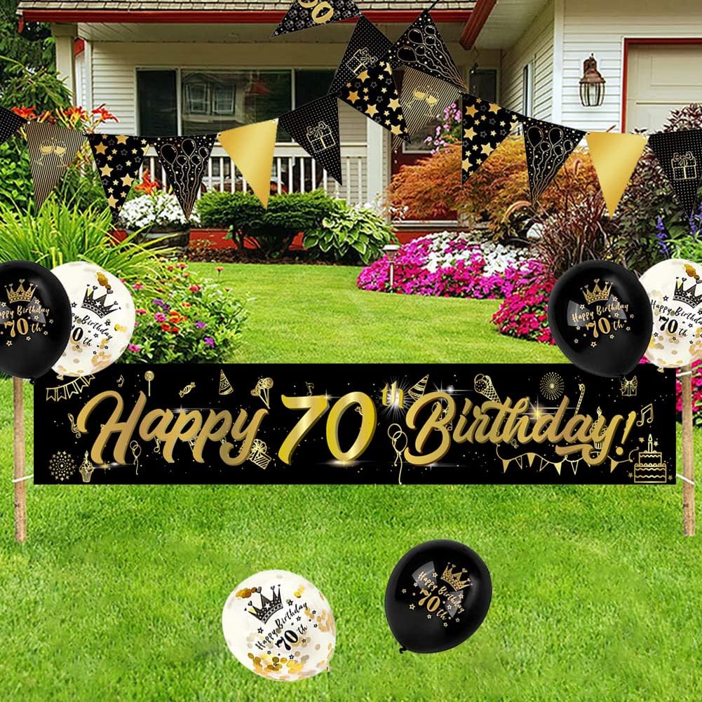 Detalle 2 de 14-Piece 70th Happy Birthday Decorations Kit with 9ft Banner, Triangle Flags, Confetti Balloons