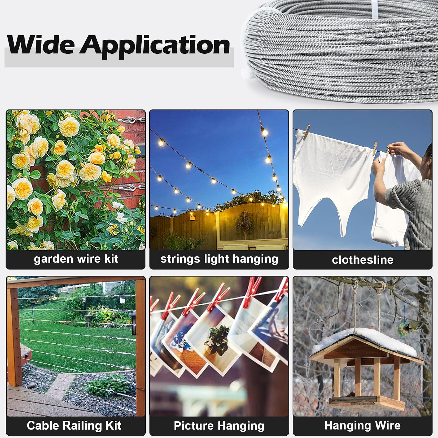 Detalle 2 de TooTaci 2mm Wire Rope Kit (100m) with M4 turnbuckles, rope clamps and vine eyes for outdoor trellis and string lights