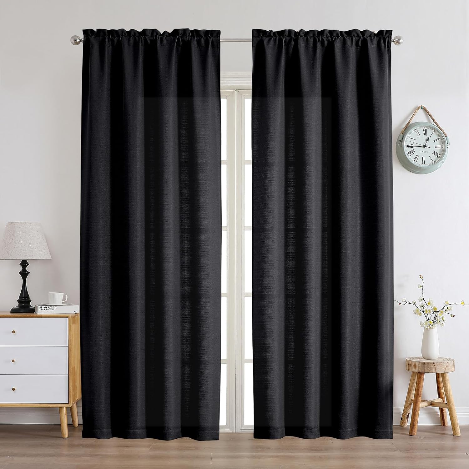Thumbnail 1 de Chyhomenyc Black Faux Linen Light Filtering Curtains, 84 Inches Long (2 Panels)
