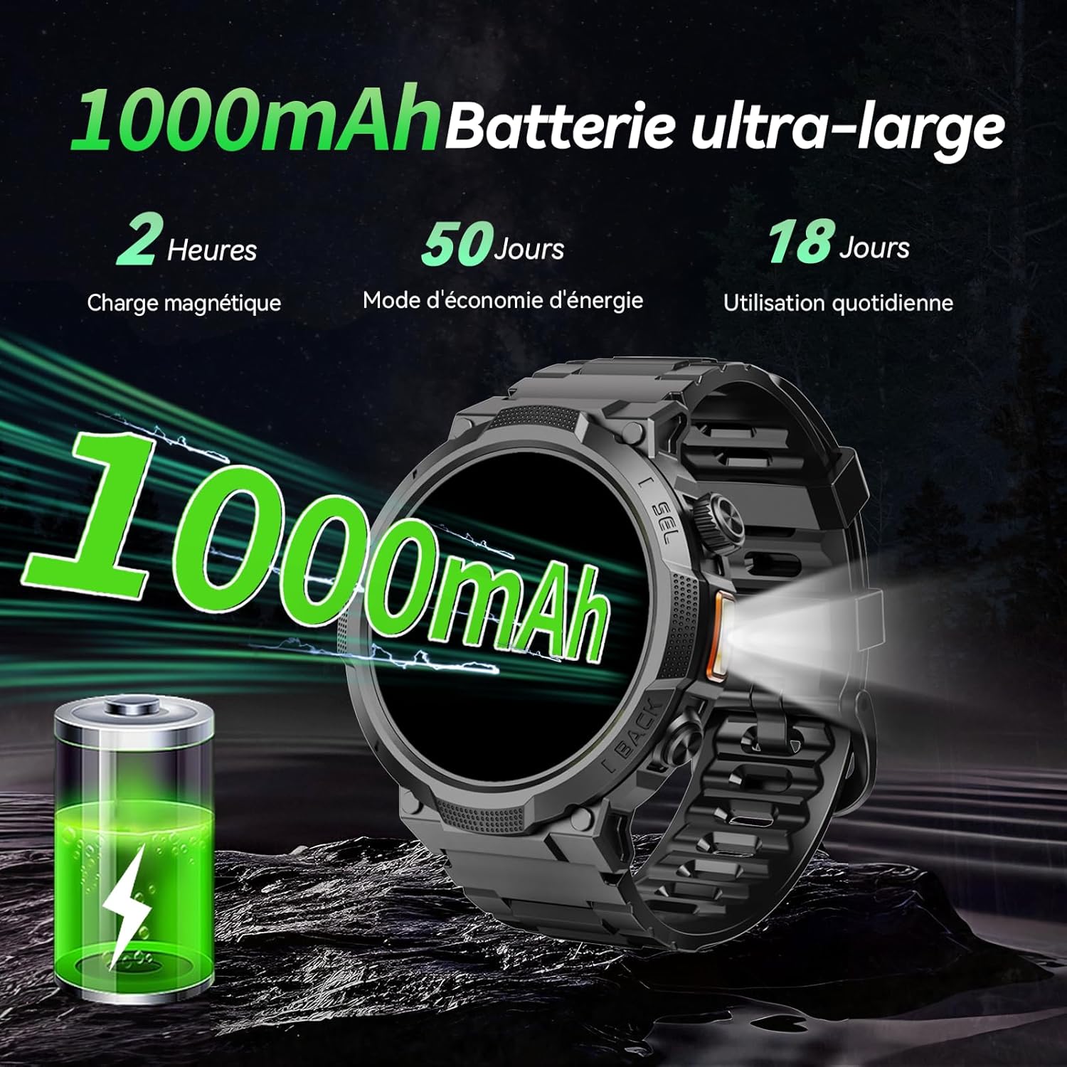 Detalle de Soudorv Montre Connectée Homme – Montre Militaire 1,53'' HD, LED et GPS, IP68, 1000mAh
