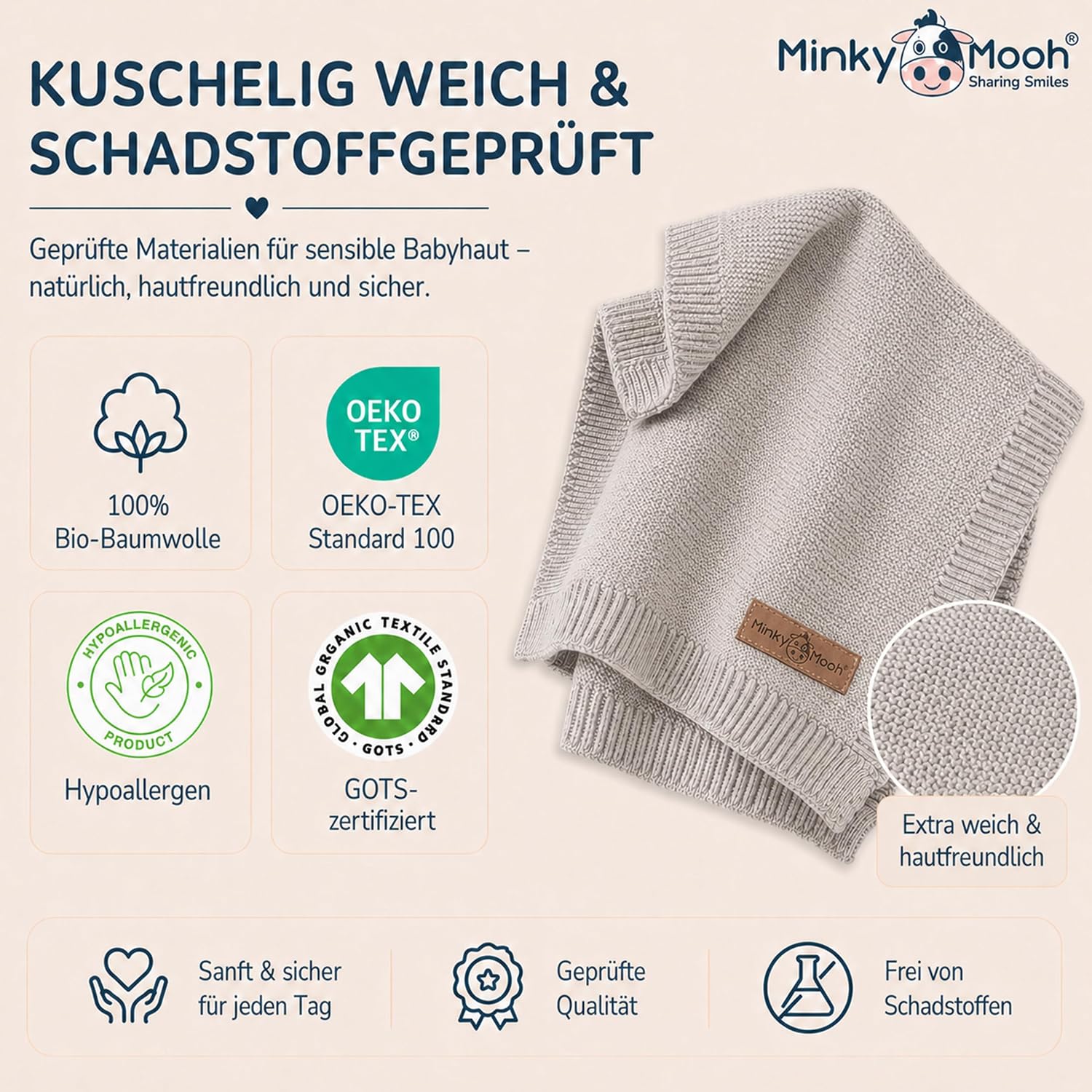 Thumbnail 3 de Minky Mooh® Babydecke aus 100% Bio-Baumwolle, 94x72 cm, grau – Kuscheldecke für Neugeborene
