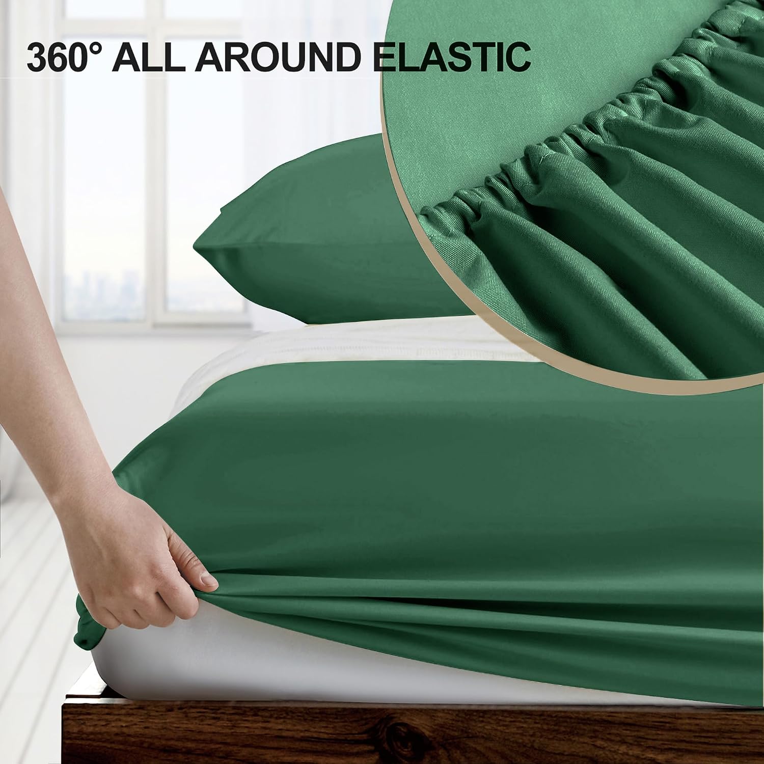 Detalle de FreshCulture FC-01 Twin Fitted Sheet, Brushed Microfiber, Dark Green
