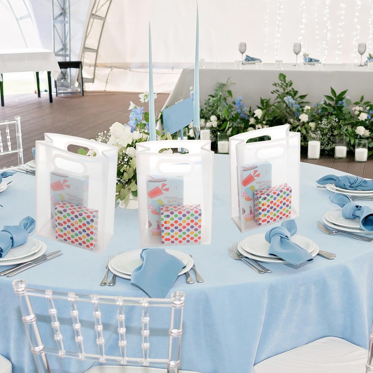 Detalle de Medium Gift Bags with Handle, 8 Pack – Clear PVC with Blue Ribbon Bow (Blue) for Festive Occasions