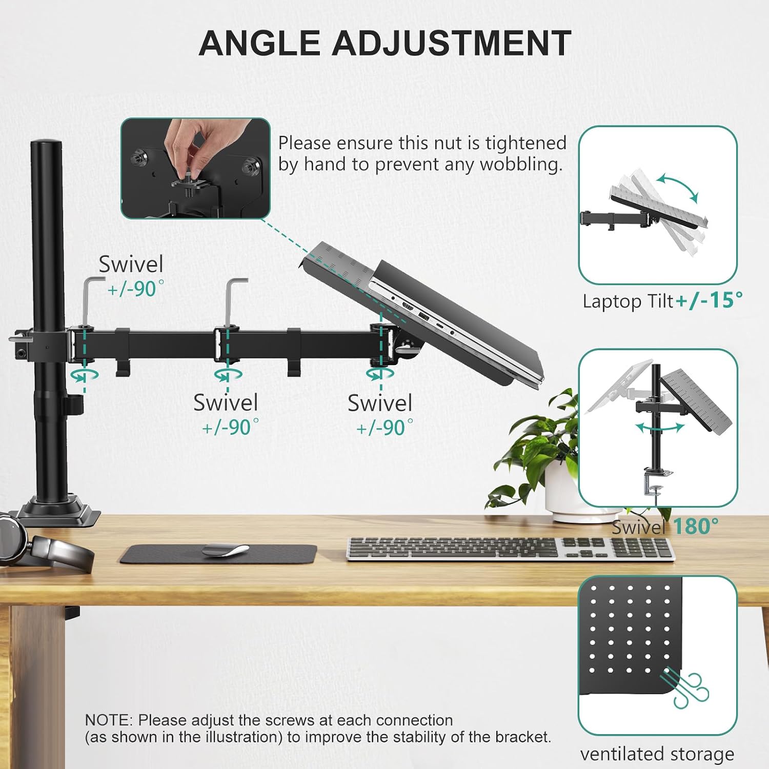 Detalle de WALI M00LP fully adjustable laptop desk mount with vented tray (up to 17 inch, up to 10 kg)