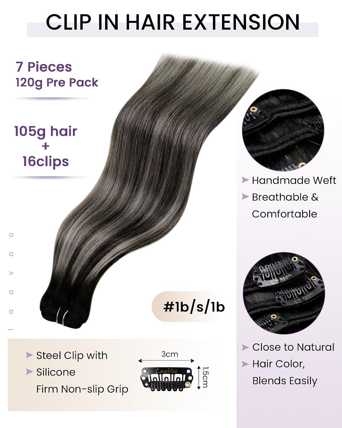 Thumbnail 1 de LaaVoo Real Hair Extensions Clip-In: 22 Inch, 7 Pieces, 120g – Off Black to Silver Grey Balayage