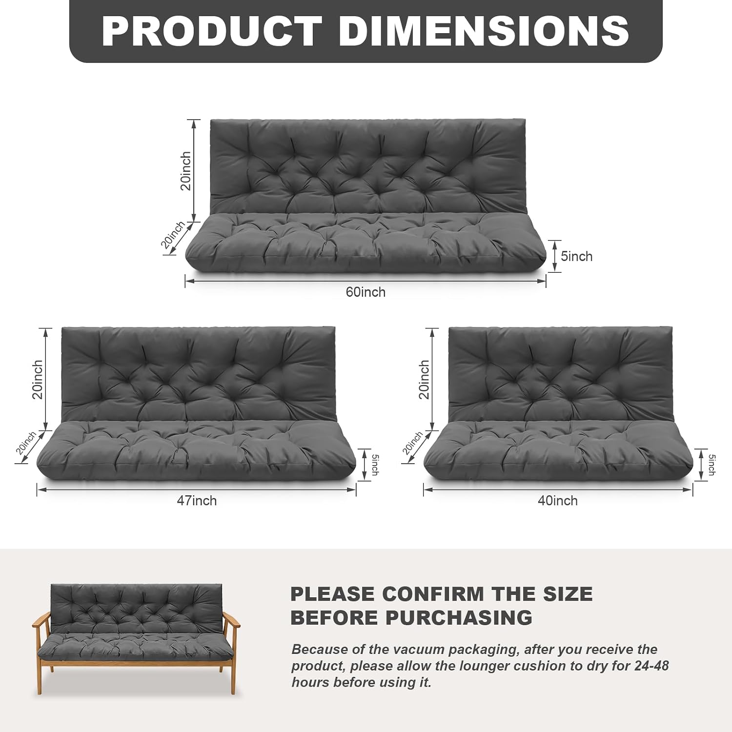 Detalle 2 de GPQAWER HDYYDM88 Outdoor Swing Cushion, 60 x 40 Inches, 5-Inch Padding