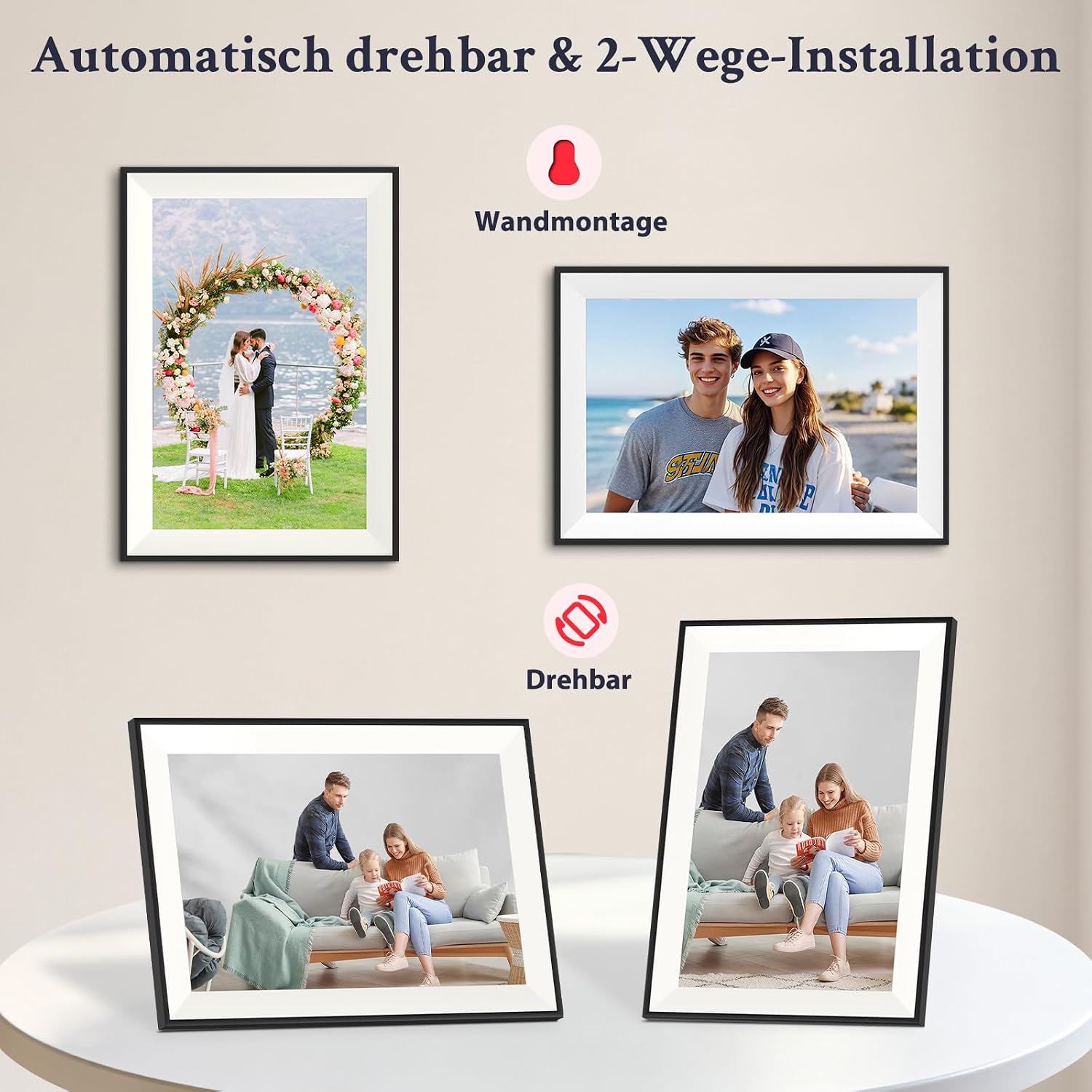 Detalle de Frameo Digitaler Bilderrahmen WLAN 10,1 Zoll – 32 GB, 1280x800 IPS Touchscreen, automatische Drehung, Wandmontage, App-Sharing