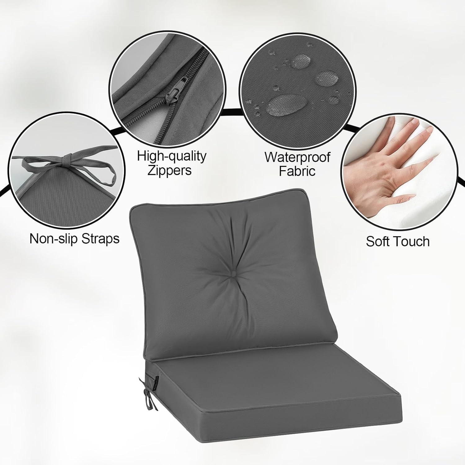 Thumbnail 2 de PRIMEPATIO 50 x 50cm Dark Grey 7cm Waterproof Outdoor Chair Cushion with Backrest