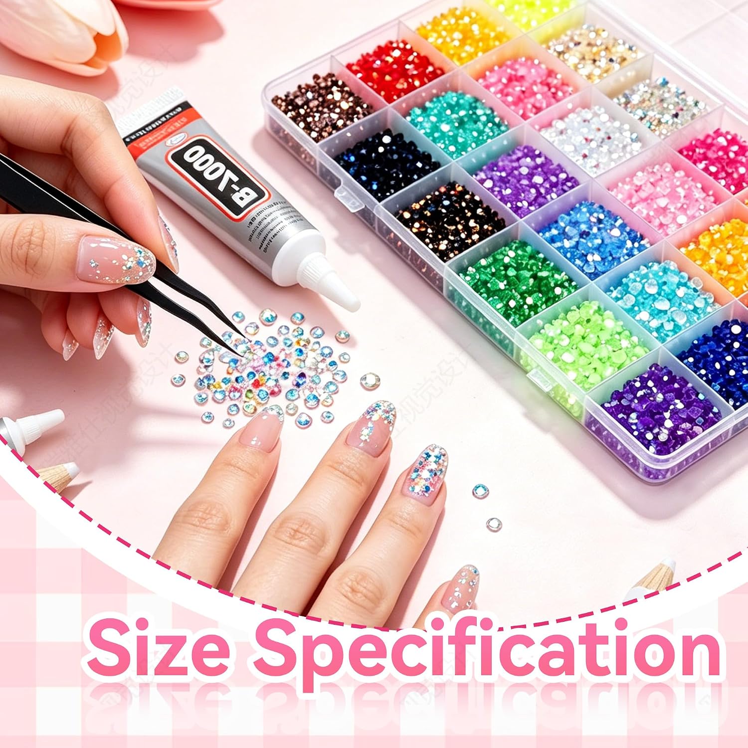 Detalle 2 de Bedazzling Kit: Nail Resin Rhinestones for Crafts – 30,000pcs, 24 Colours with Picker Pen & Tweezers