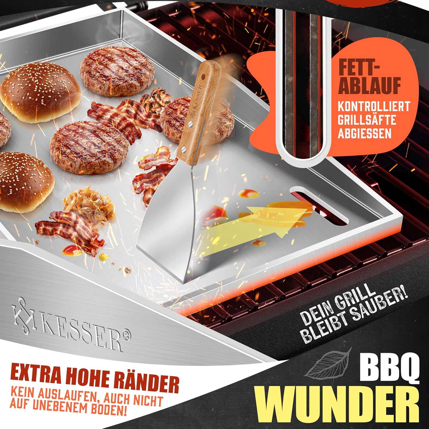 Thumbnail 3 de KESSER Plancha Grillplatte aus Edelstahl mit Deckel (40 x 30 cm) bis 800 °C, mit Fettablauf – inkl. 2 Spatel, Schürze, Grillmatte & Rezeptbuch