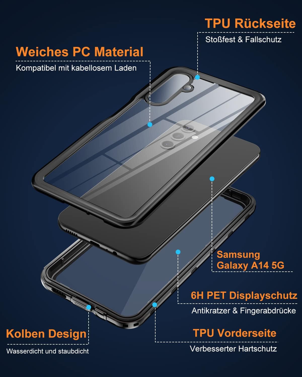 Thumbnail 5 de WIFORT Hülle für Samsung Galaxy A14 6,6" – IP68 wasserdicht, 360° Schutz & integrierter Displayschutz