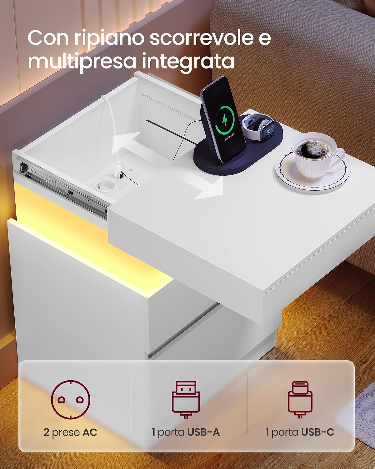 Thumbnail 3 de VASAGLE Collezione KAILYN – Comodino con multipresa integrata, piano scorrevole e striscia LED in Bianco Neve