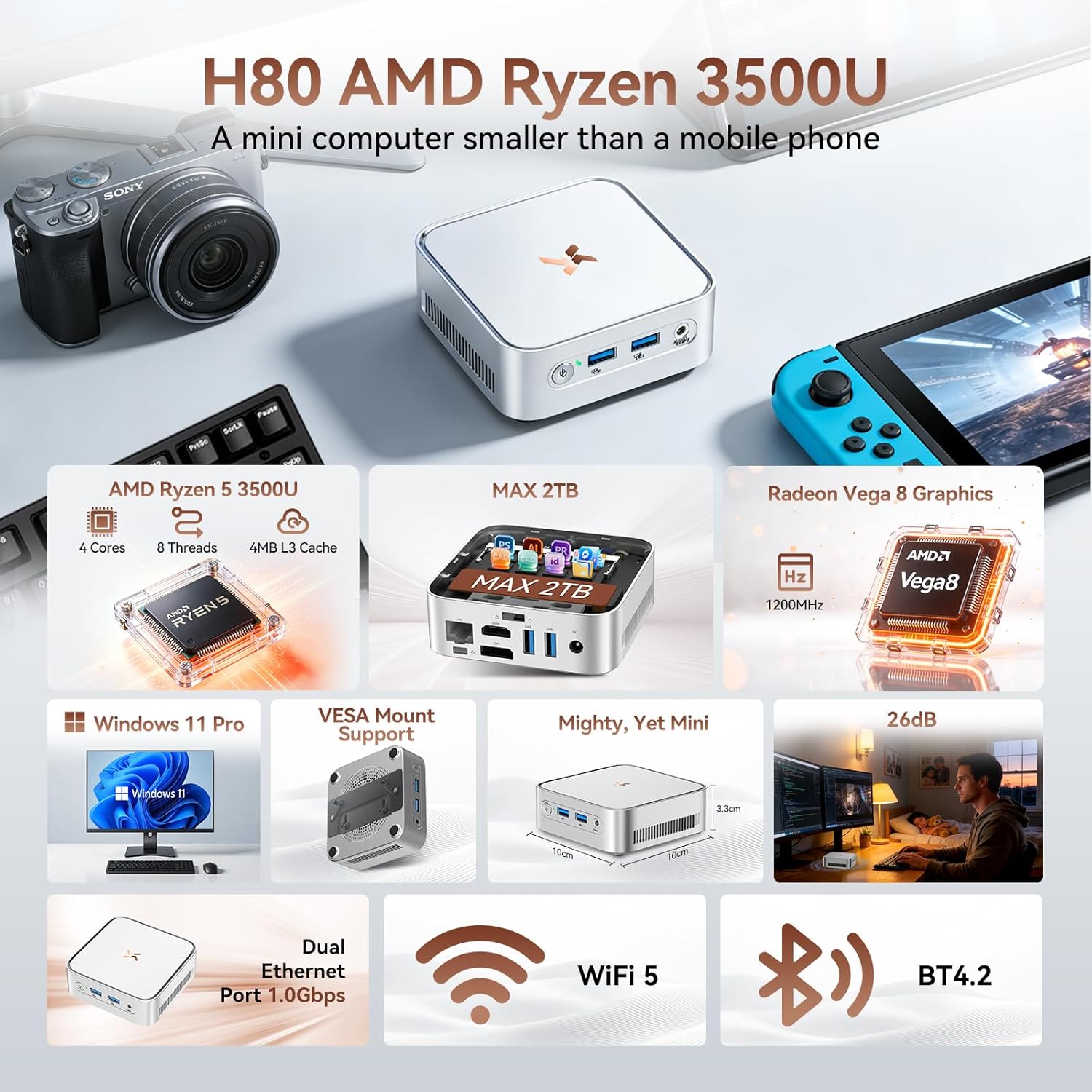 Detalle de Huidun H80 Mini PC with Ryzen 5 - Win 11 Pro, 16GB RAM, 512GB SSD, 4K@60Hz
