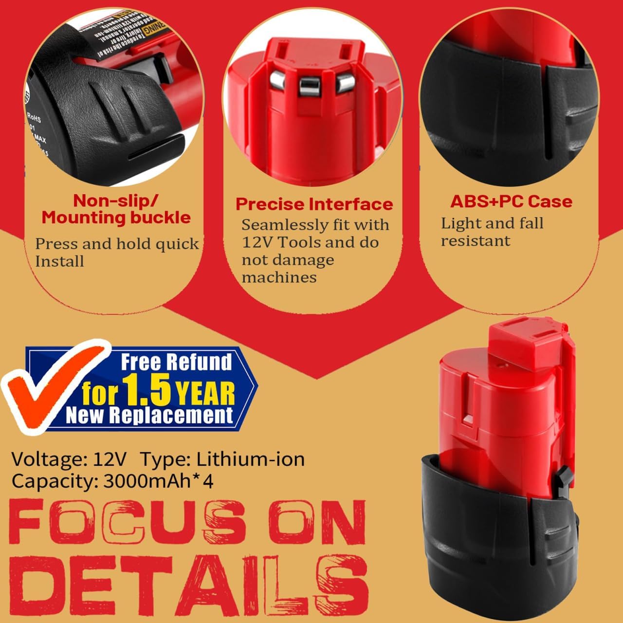 Detalle de TenHutt 48-11-2401 12V 3.0Ah Li-Ion Battery 4-Pack for M12 Tools